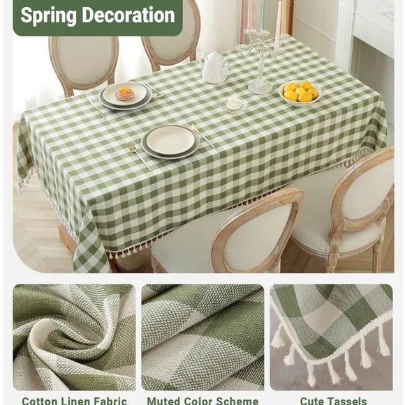 Chic Olive Checkered Tablecloth with Tassels - Picture 5 of 8